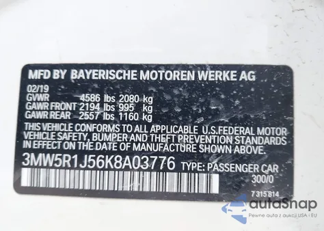 2019 BMW 330I из США, поврежденный, VIN 3MW5R1J56K8A03776